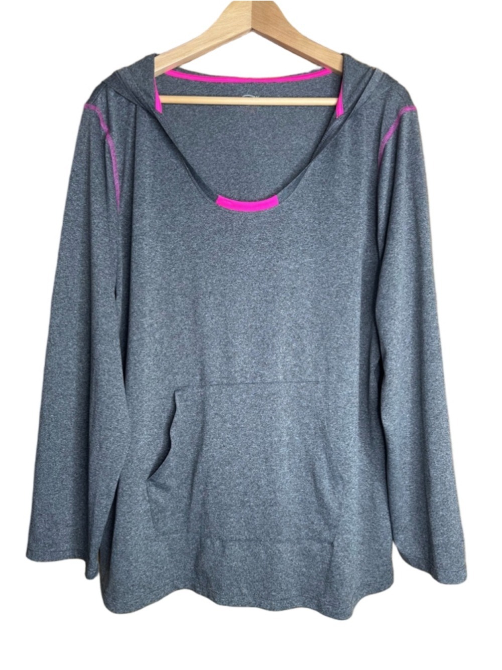 Sport Essentials Gray Hooded Pullover Top with Neon Pink Trim Plus size 2X